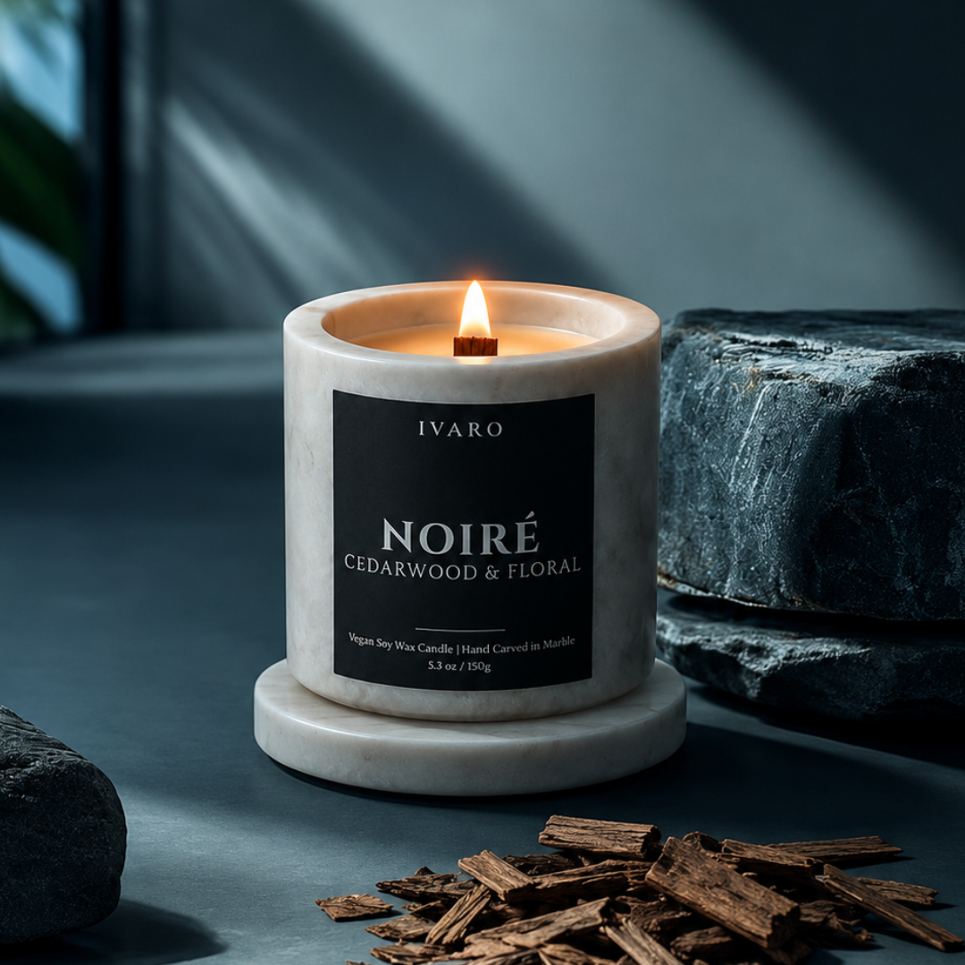 NOIRÉ Marble Candle – Cedarwood & Floral | Natural Marble Jar