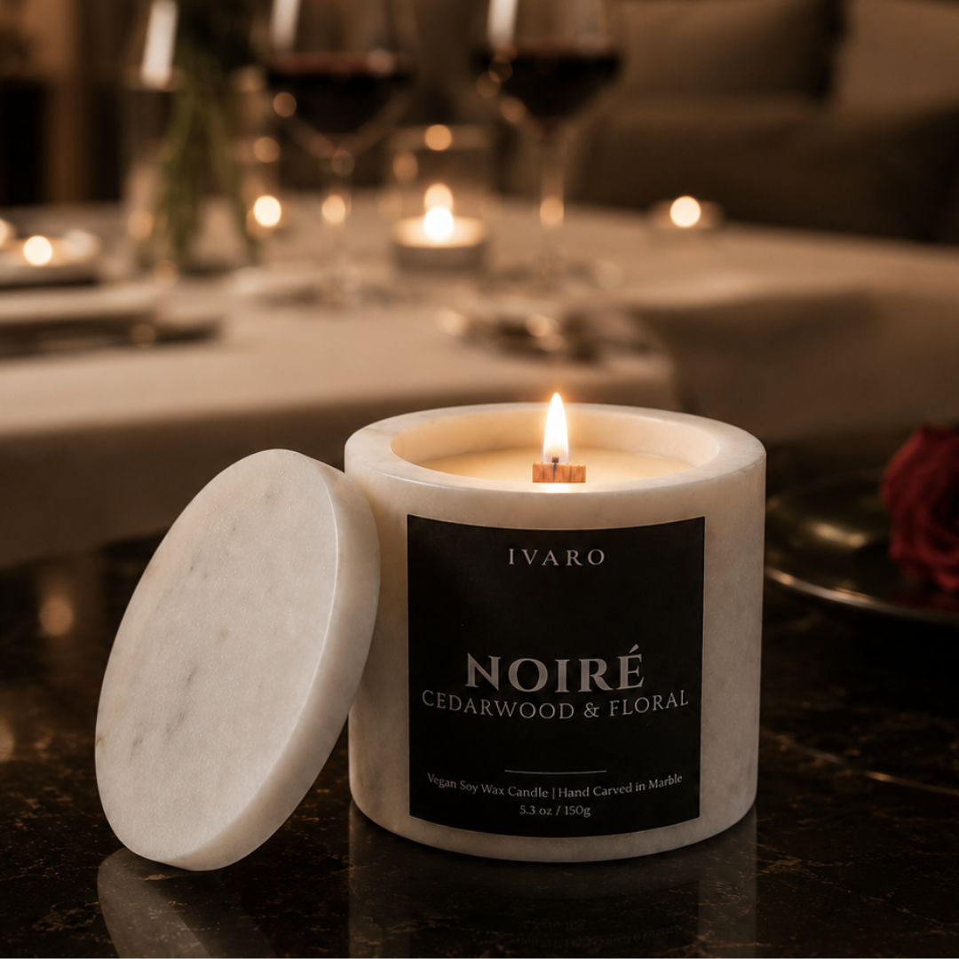 NOIRÉ Marble Candle – Cedarwood & Floral | Natural Marble Jar