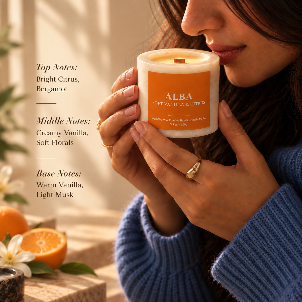 Mini Marble ALBA Candle – Soft Vanilla & Citrus | 100g Natural Marble Jar