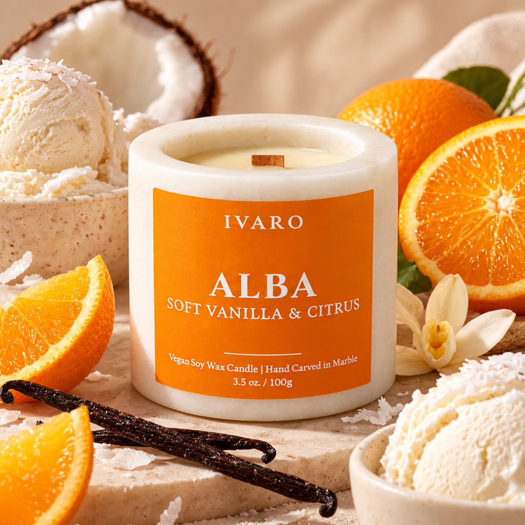 Mini Marble ALBA Candle – Soft Vanilla & Citrus | 100g Natural Marble Jar