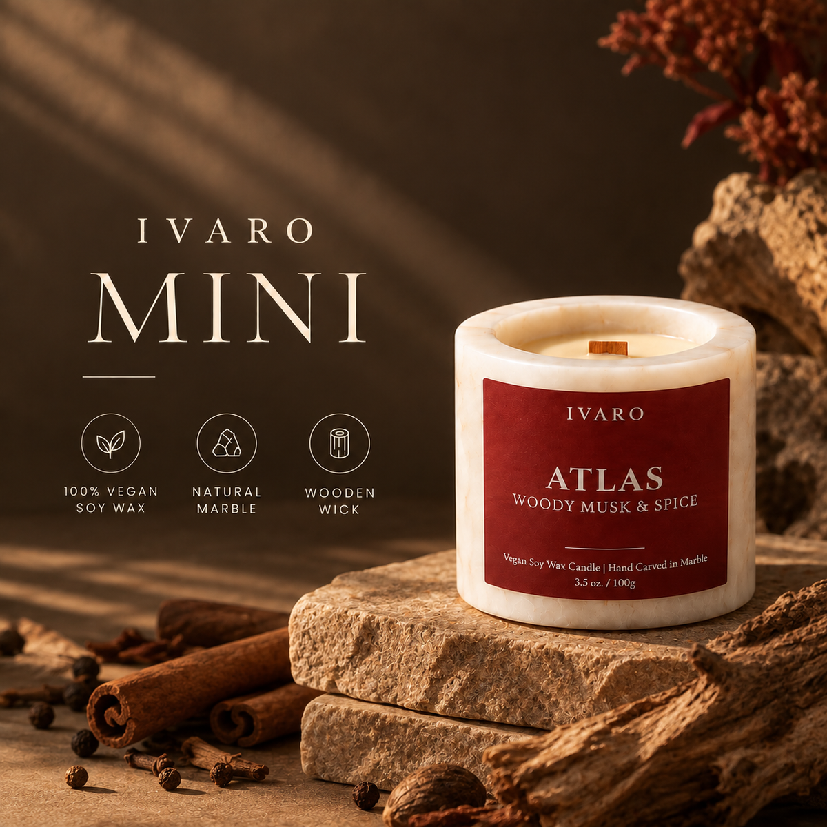 Mini Marble ATLAS Candle – Woody Musk & Spice | 100g Natural Marble Jar
