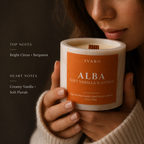 ALBA Marble Candle – Soft Vanilla & Citrus | Natural Marble Jar