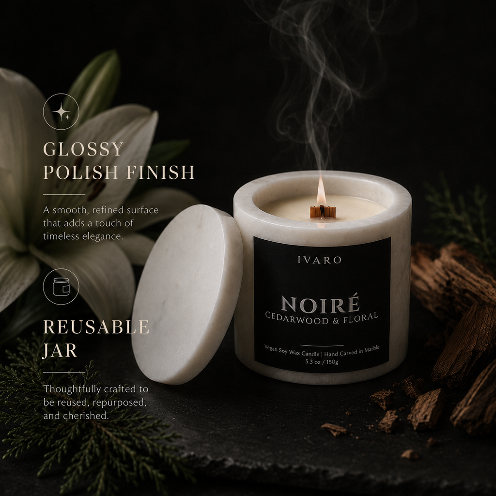 NOIRÉ Marble Candle – Cedarwood & Floral | Natural Marble Jar