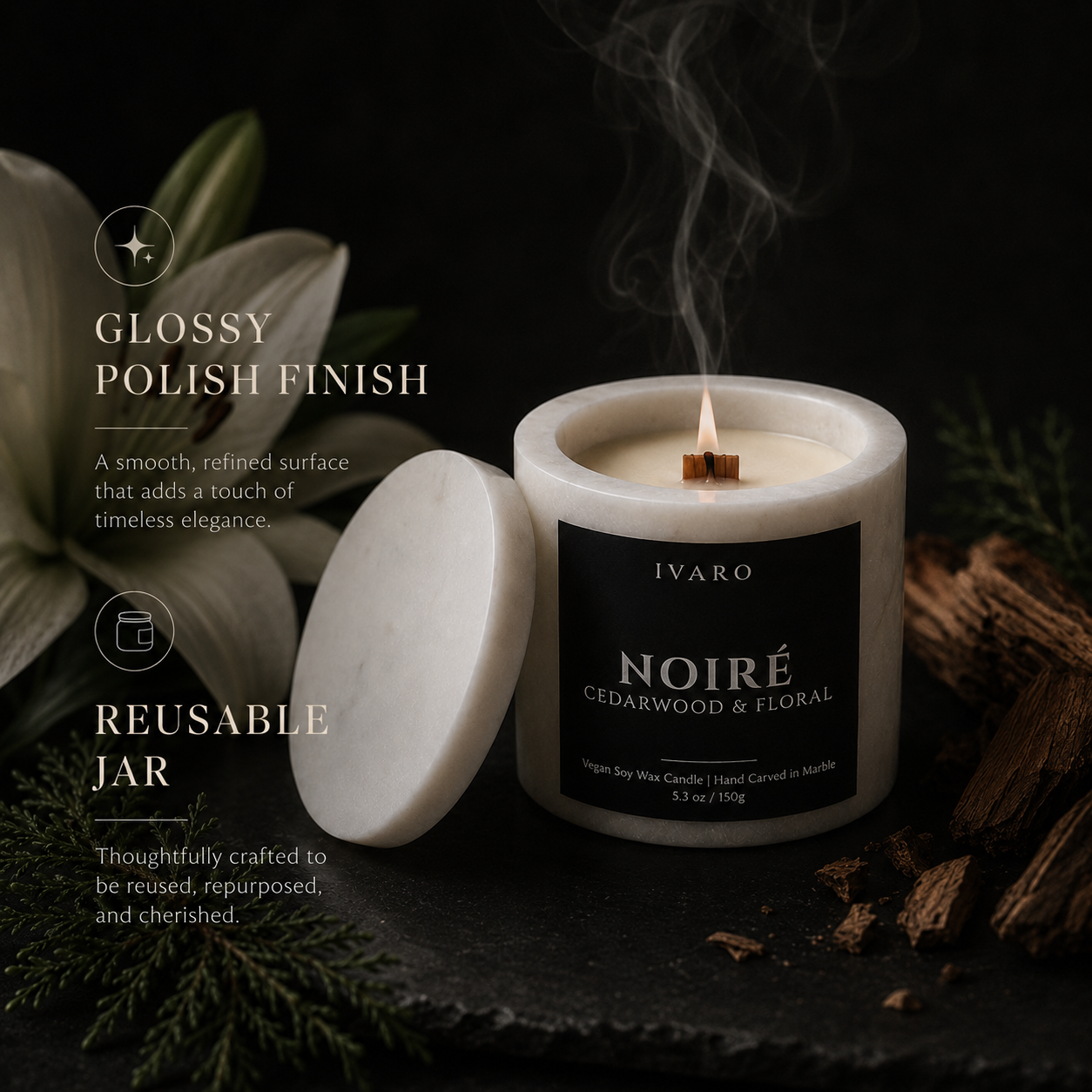 NOIRÉ Marble Candle – Cedarwood & Floral | Natural Marble Jar