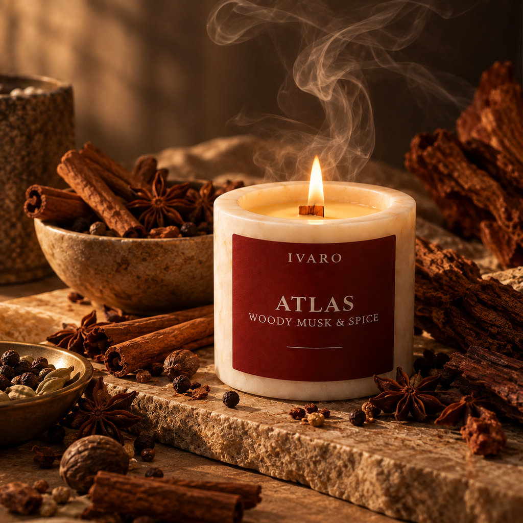 Mini Marble ATLAS Candle – Woody Musk & Spice | 100g Natural Marble Jar