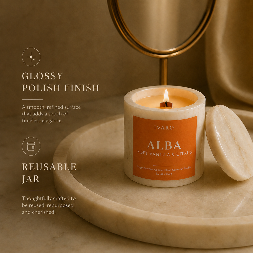 Lit IVARO ALBA marble candle with crackling wooden wick and warm vanilla citrus fragrance for relaxing spaces
