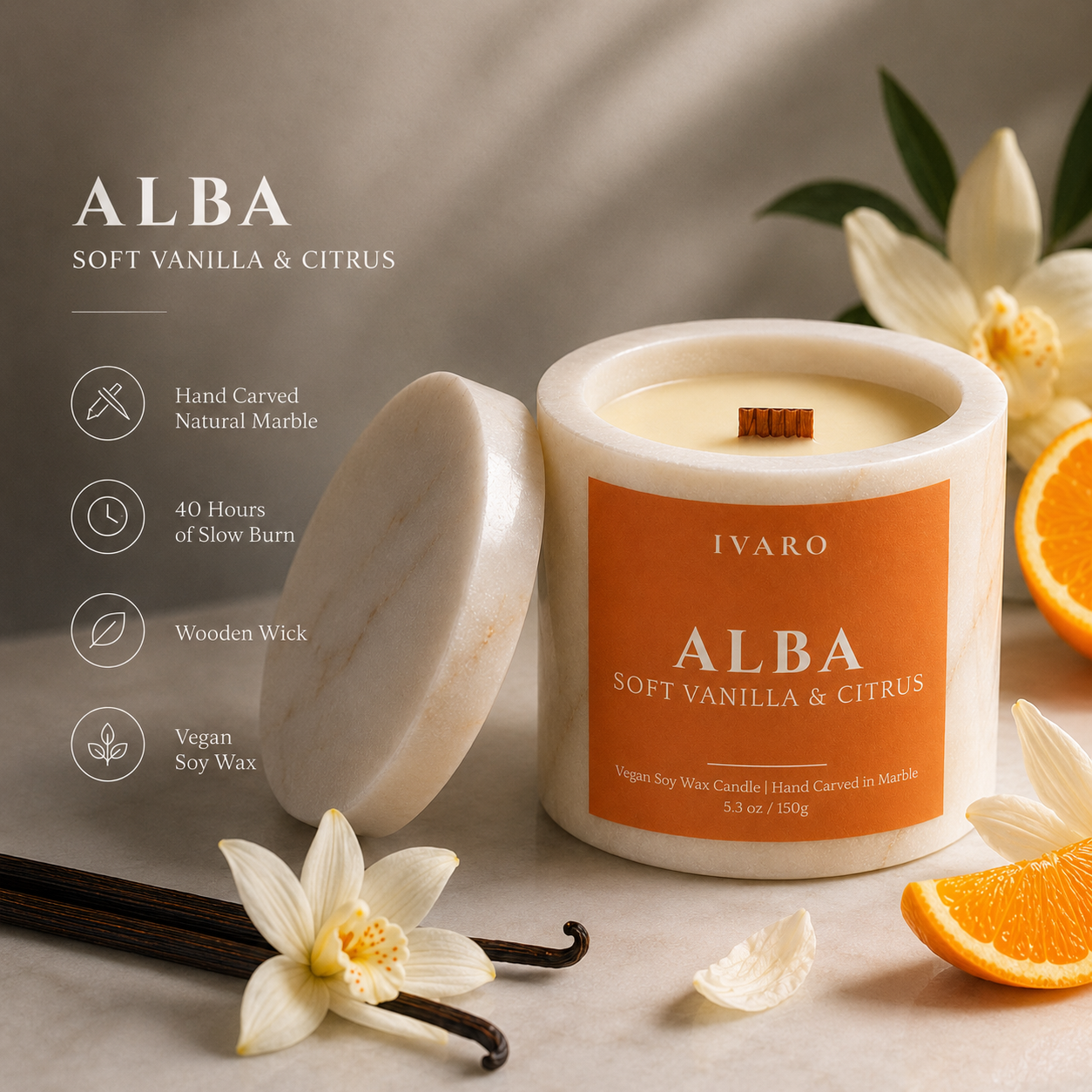 IVARO ALBA luxury marble candle handcrafted with vegan soy wax, wooden wick and soft vanilla citrus fragrance