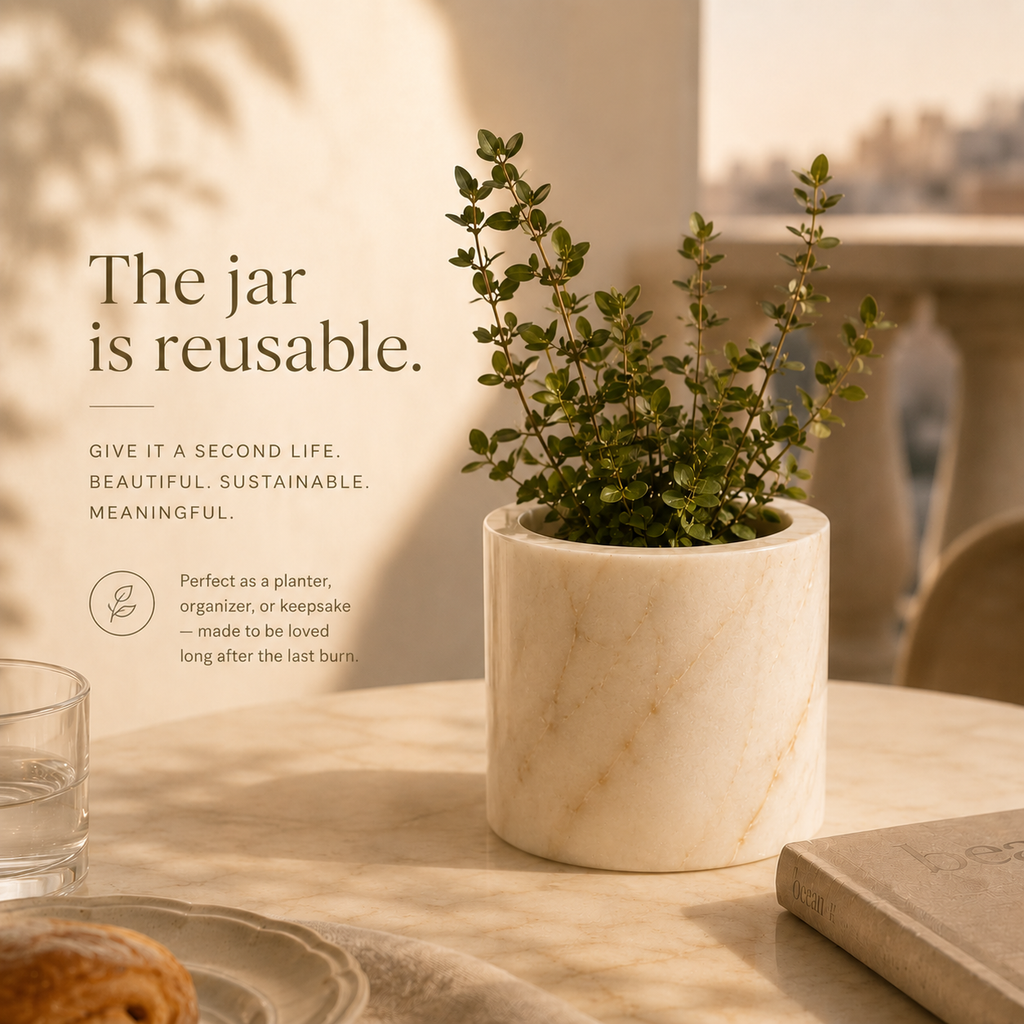 Reusable natural marble candle jar by IVARO designed for flowers, keepsakes and elegant home decor
