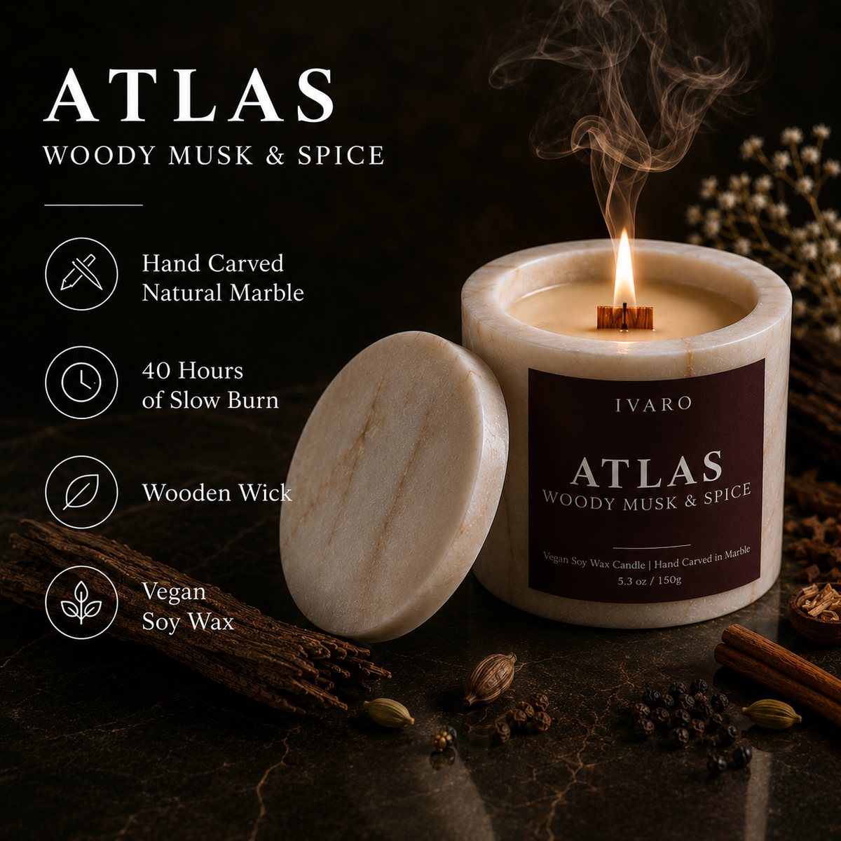 ATLAS Marble Candle – Woody Musk & Spice | IVARO HOME