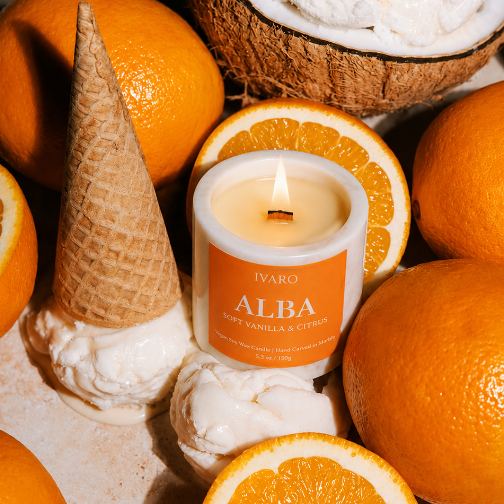 IVARO ALBA candle surrounded by oranges and an ice cream cone on a dark background aesthetics home decor