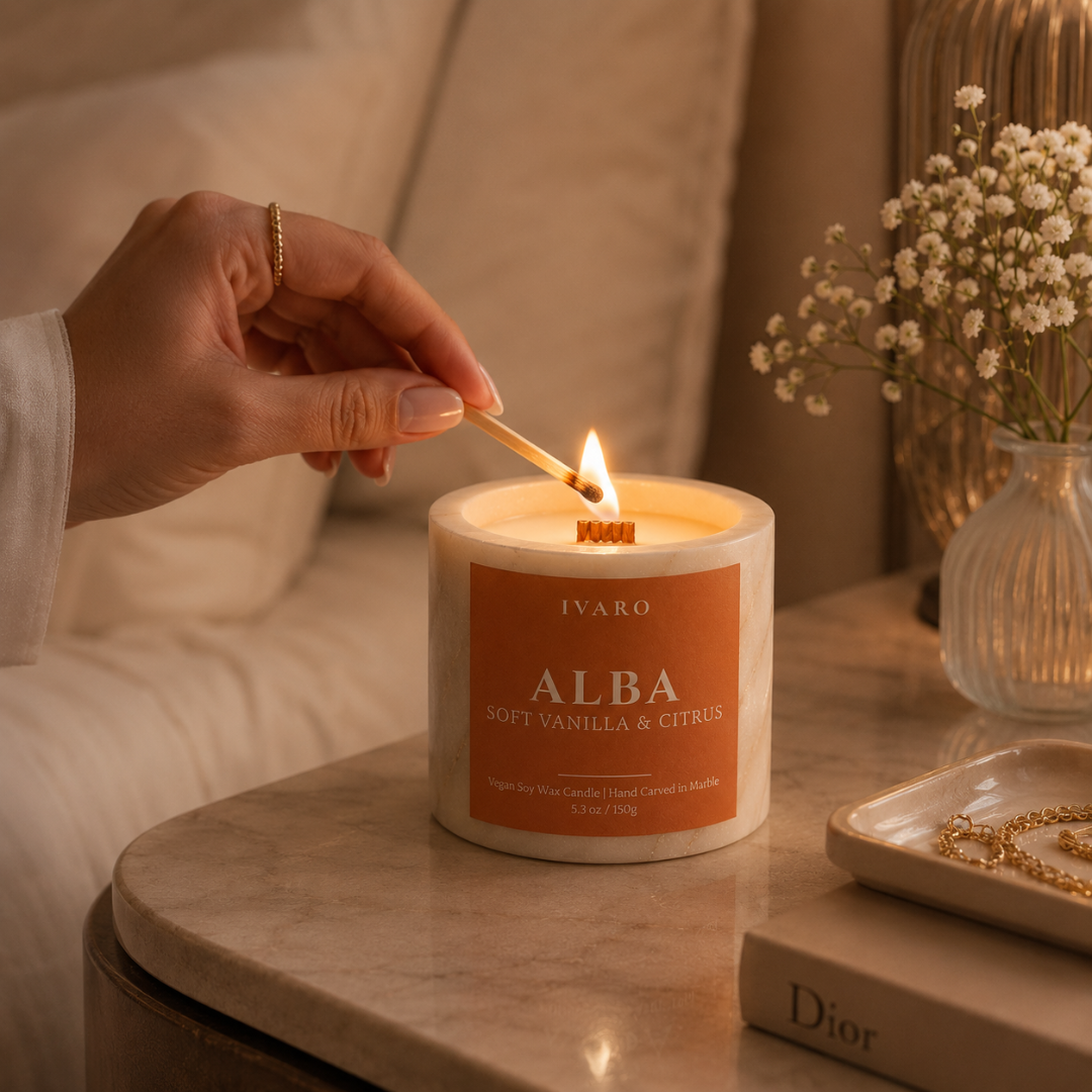 Handcrafted marble soy wax candle by IVARO adding warmth and elegance to modern home spaces
