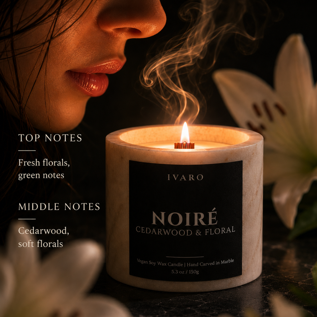 NOIRÉ Marble Candle – Cedarwood & Floral | Natural Marble Jar